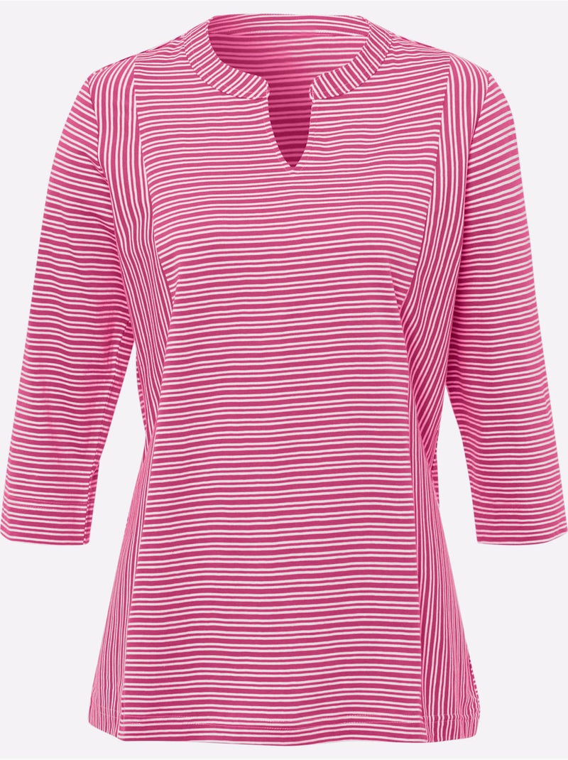 T-shirt à manches 3/4 avec col en v et rayures longitudinales - taille standard - moda vilona Blanc Violet Blanc - Kiabi