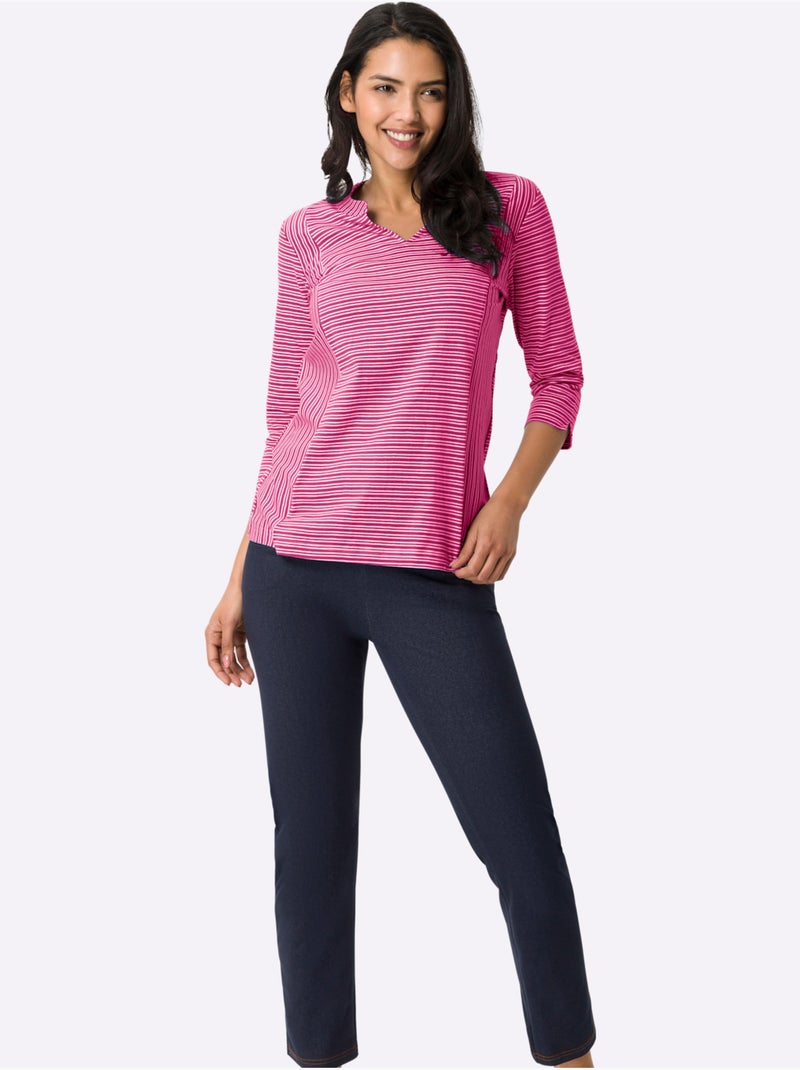 T-shirt à manches 3/4 avec col en v et rayures longitudinales - taille standard - moda vilona Blanc Violet Blanc - Kiabi