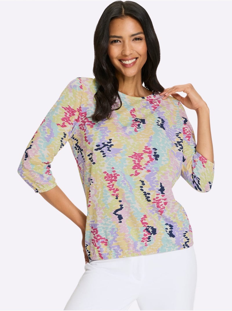 T-shirt à manches 3/4 avec col rond et motif à pois - taille standard - moda vilona Jaune citron - Kiabi