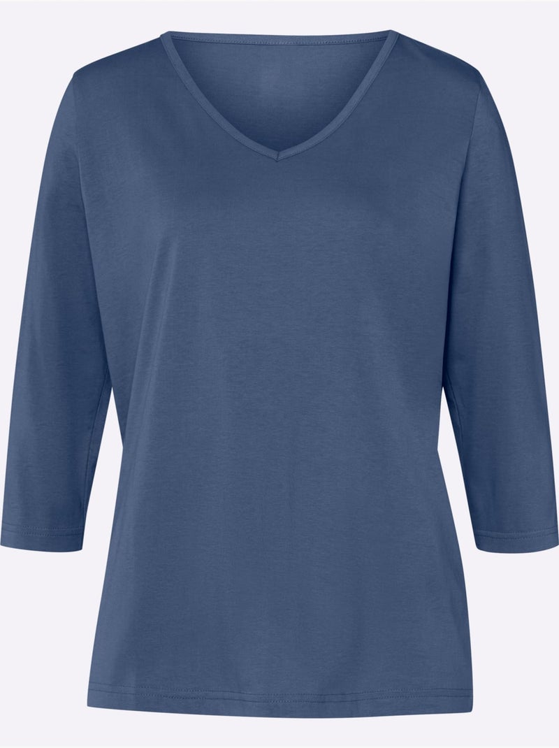 T-shirt à manches 3/4 avec col v en matière agréable - taille standard - moda vilona Bleu jean - Kiabi