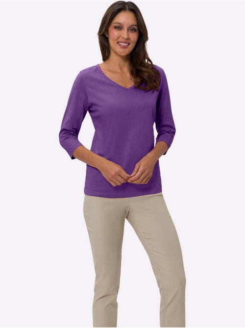 T-shirt à manches 3/4 avec col V en matière agréable - Taille standard - Moda Vilona - Kiabi