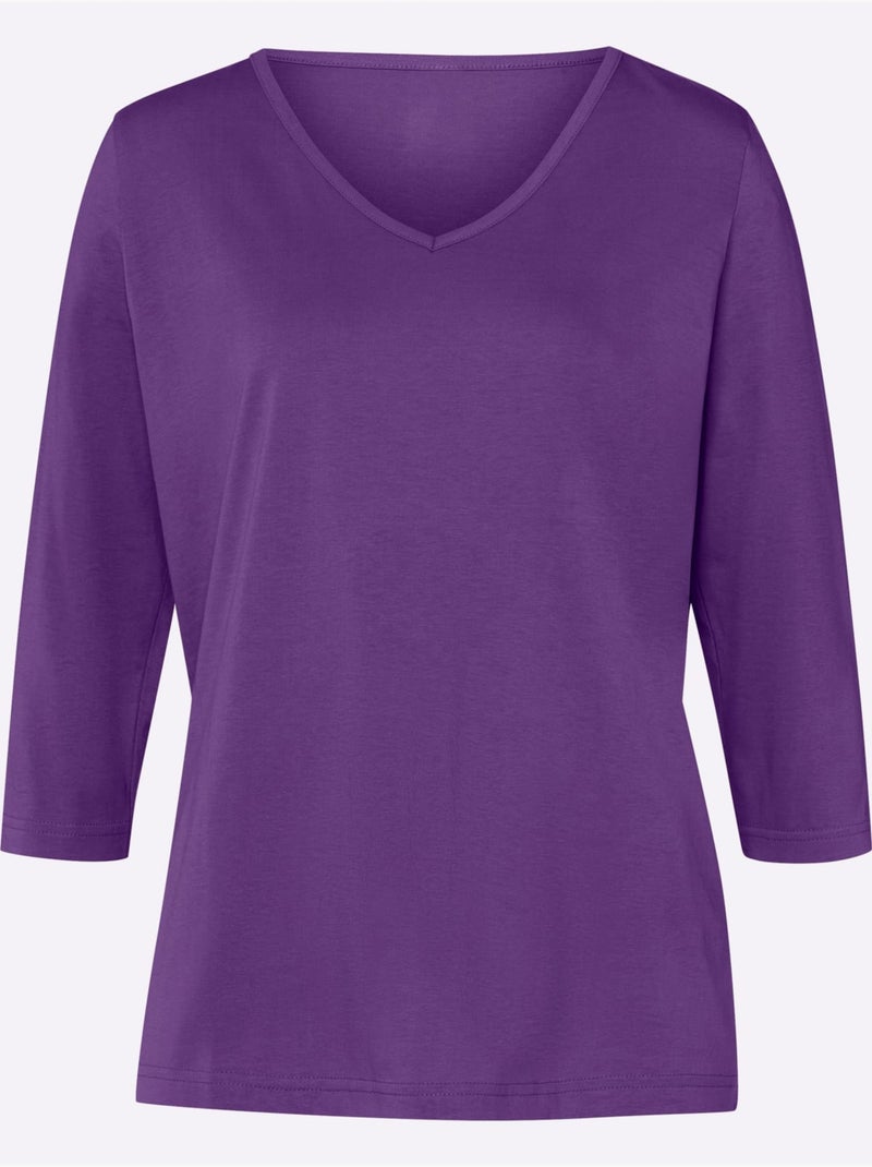 T-shirt à manches 3/4 avec col V en matière agréable - Taille standard - Moda Vilona Mauve lilas - Kiabi