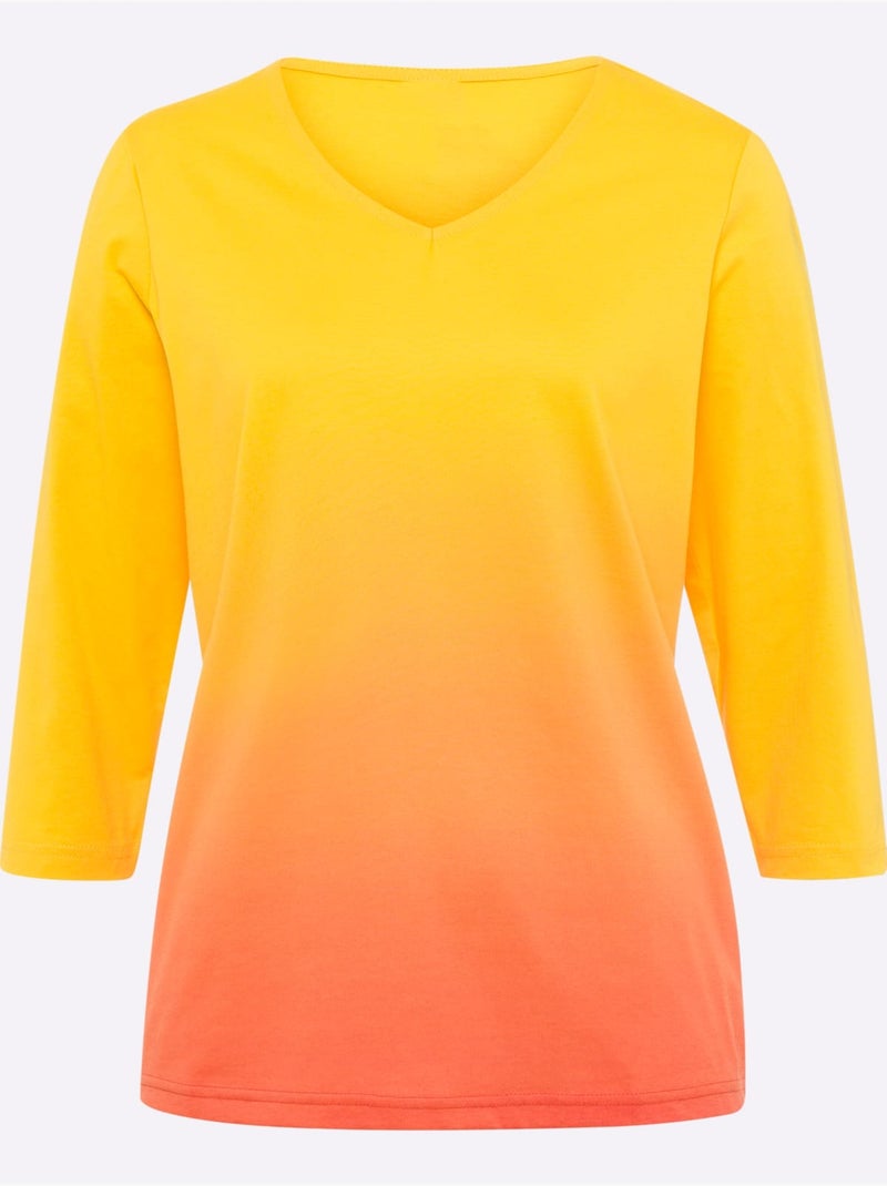 T-shirt à manches 3/4 avec dégradé de couleurs et col V - Taille standard - Moda Vilona Jaune lumière - Kiabi