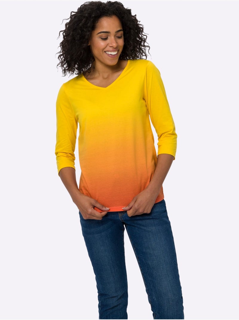 T-shirt à manches 3/4 avec dégradé de couleurs et col V - Taille standard - Moda Vilona Jaune lumière - Kiabi