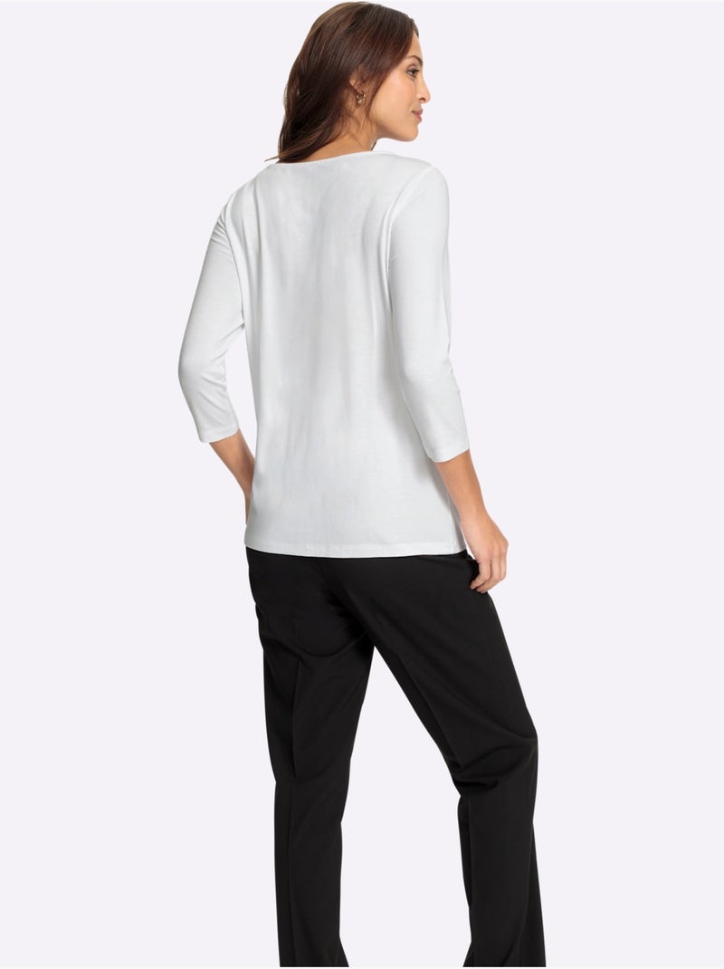 T-shirt à manches 3/4 avec encolure en U et pierres brillantes - Taille standard - Witt Blanc - Kiabi