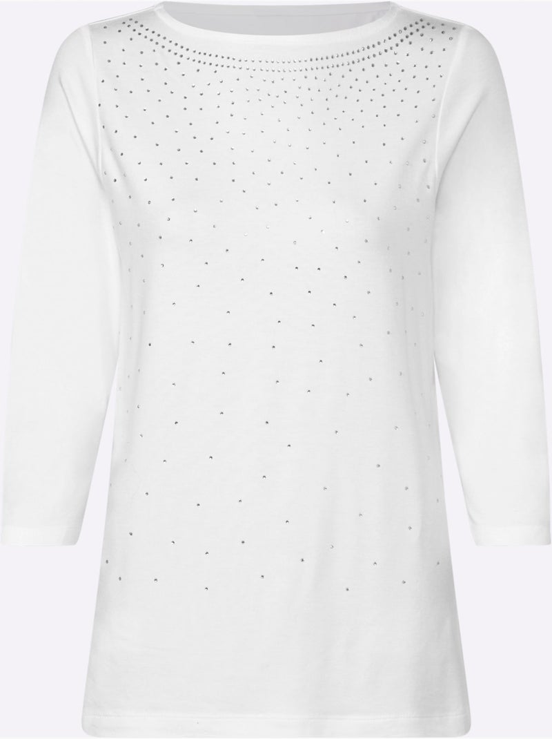 T-shirt à manches 3/4 avec encolure en U et pierres brillantes - Taille standard - Witt Blanc - Kiabi