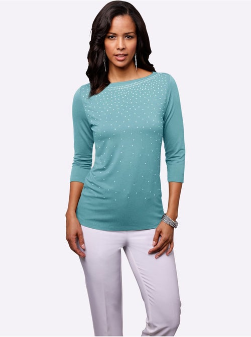 T-shirt à manches 3/4 avec encolure en U et pierres brillantes - Taille standard - Witt - Kiabi