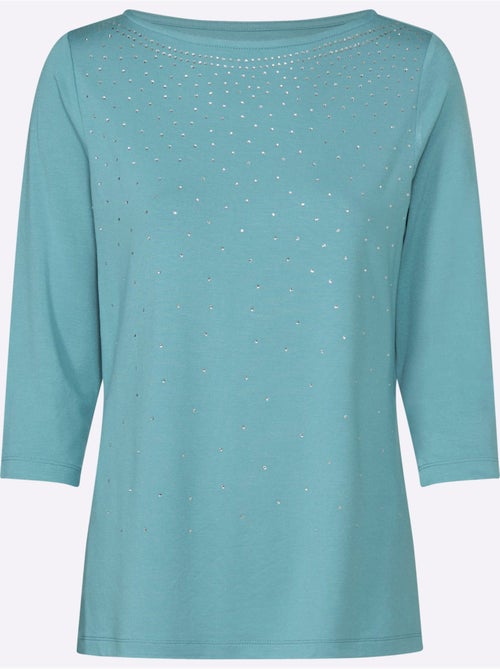 T-shirt à manches 3/4 avec encolure en U et pierres brillantes - Taille standard - Witt - Kiabi