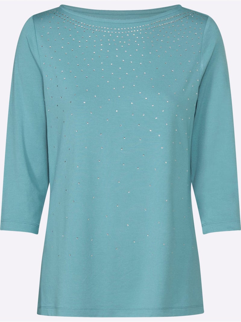 T-shirt à manches 3/4 avec encolure en U et pierres brillantes - Taille standard - Witt Bleu encre - Kiabi