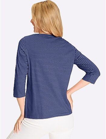 T-shirt à manches 3/4 et encolure en U avec rayures - Taille standard - Moda Vilona