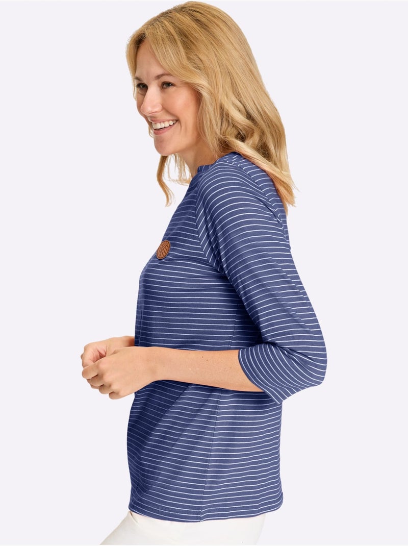T-shirt à manches 3/4 avec encolure en U et rayures - Taille standard - Moda Vilona Bleu jean - Kiabi