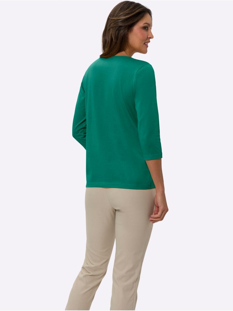 T-shirt à manches 3/4 avec encolure en v agréable à porter - taille standard - moda vilona Vert - Kiabi