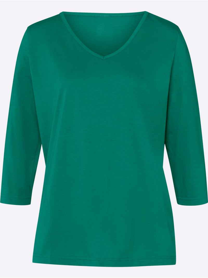 T-shirt à manches 3/4 avec encolure en v agréable à porter - taille standard - moda vilona Vert - Kiabi