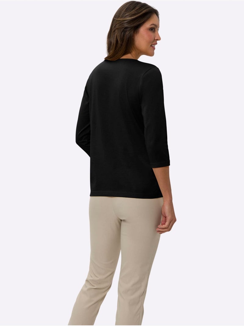 T-shirt à manches 3/4 avec encolure en V et coupe fluide - Taille standard - Moda Vilona Noir - Kiabi