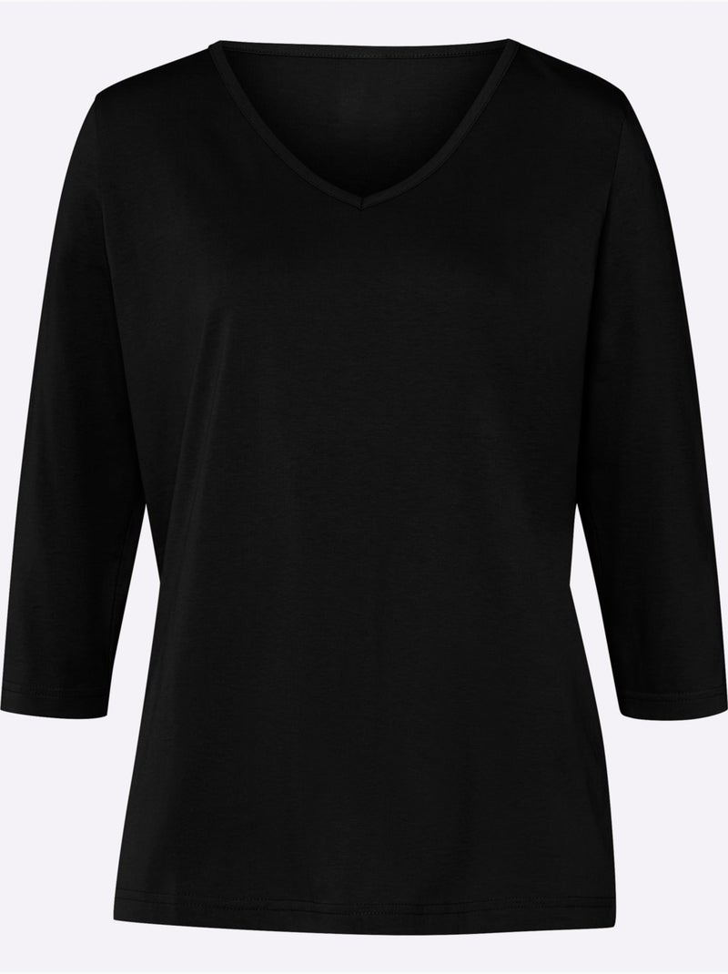 T-shirt à manches 3/4 avec encolure en V et coupe fluide - Taille standard - Moda Vilona Noir - Kiabi