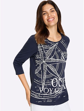 T-shirt à manches 3/4 avec grand imprimé marin - Taille standard - Moda Vilona