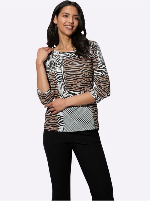 T-shirt à manches 3/4 avec imprimé animal et carreaux - Taille standard - Moda Vilona - Kiabi