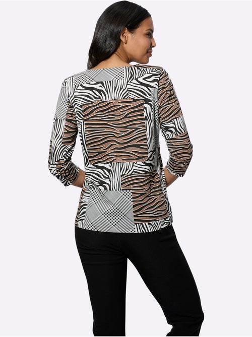 T-shirt à manches 3/4 avec imprimé animal et carreaux - Taille standard - Moda Vilona - Kiabi