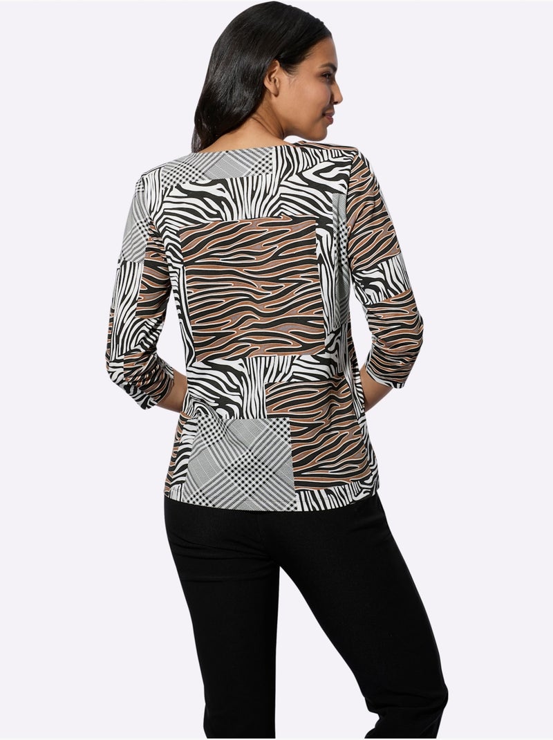 T-shirt à manches 3/4 avec imprimé animal et carreaux - Taille standard - Moda Vilona Noir Rose - Kiabi
