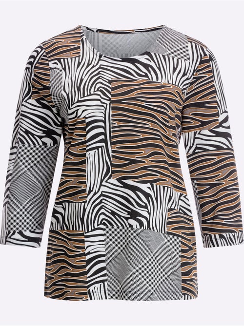 T-shirt à manches 3/4 avec imprimé animal et carreaux - Taille standard - Moda Vilona - Kiabi