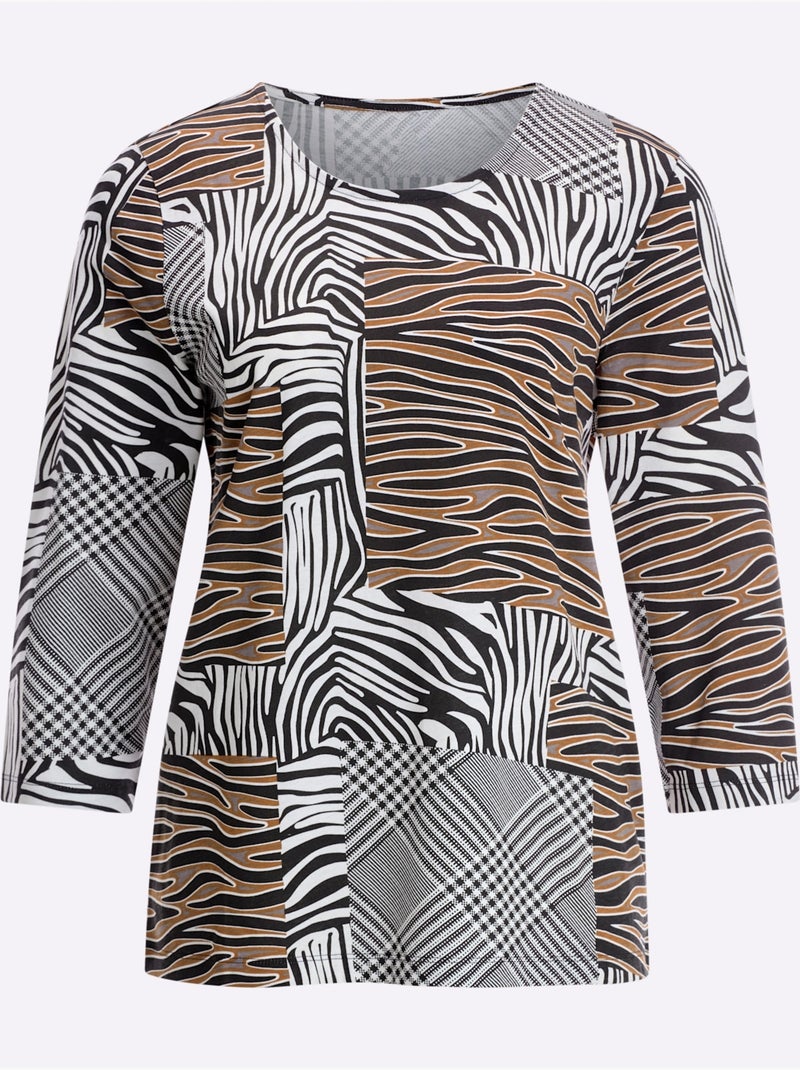 T-shirt à manches 3/4 avec imprimé animal et carreaux - Taille standard - Moda Vilona Noir Rose - Kiabi