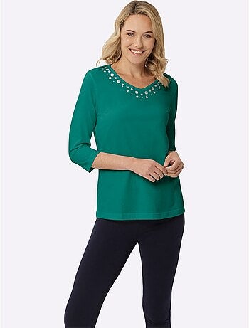 T-shirt à manches 3/4 avec imprimé feuille le long de l'encolure - Taille standard - Moda Vilona