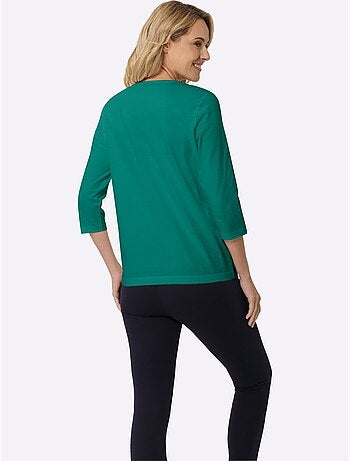 T-shirt à manches 3/4 avec imprimé feuille le long de l'encolure - Taille standard - Moda Vilona