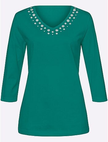 T-shirt à manches 3/4 avec imprimé feuille le long de l'encolure - Taille standard - Moda Vilona