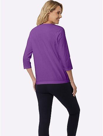T-shirt à manches 3/4 avec imprimé feuille le long de l'encolure - Taille standard - Moda Vilona