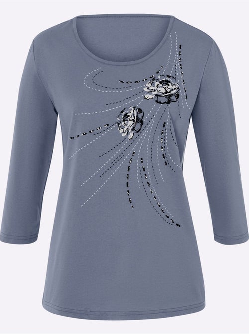 T-shirt à manches 3/4 avec imprimé floral et encolure ronde - Taille standard - Moda Vilona - Kiabi