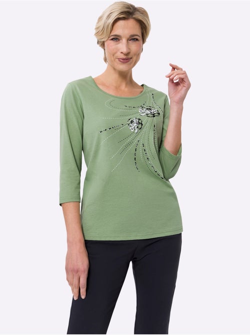 T-shirt à manches 3/4 avec imprimé floral et encolure ronde - Taille standard - Moda Vilona - Kiabi