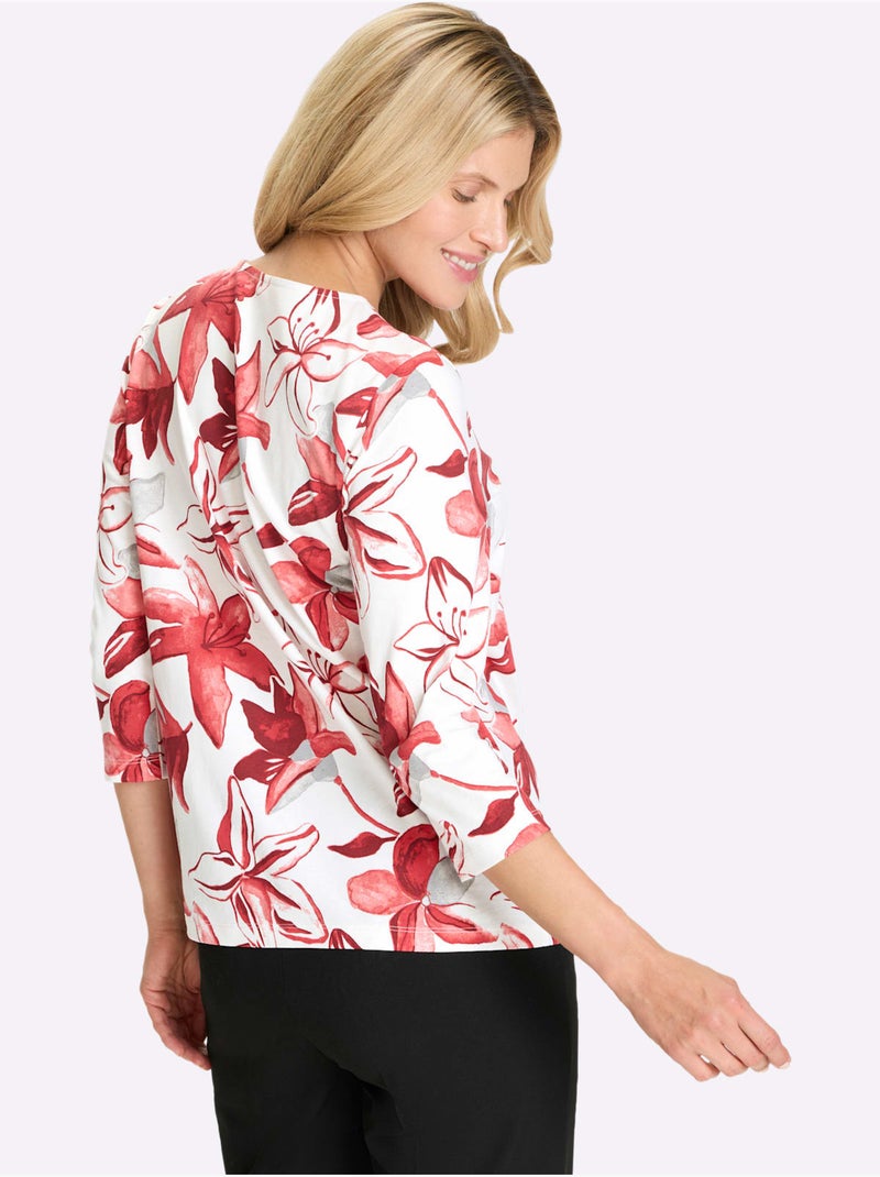 T-shirt à manches 3/4 avec imprimé floral vibrant - taille standard - moda vilona Ecru/Rouge - Kiabi