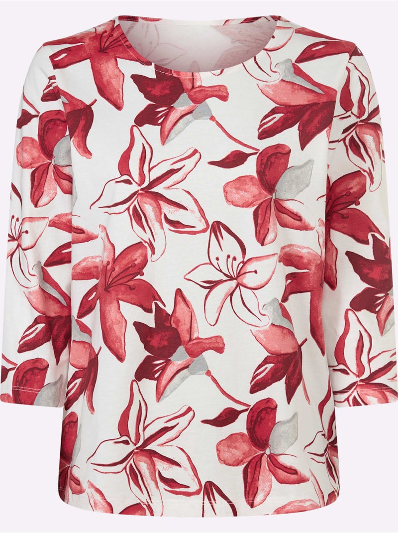 T-shirt à manches 3/4 avec imprimé floral vibrant - taille standard - moda vilona Ecru/Rouge - Kiabi