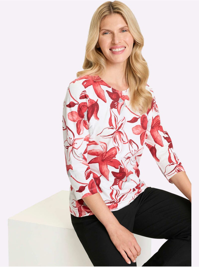T-shirt à manches 3/4 avec imprimé floral vibrant - taille standard - moda vilona Ecru/Rouge - Kiabi