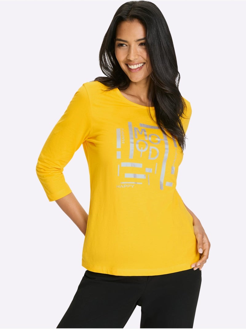 T-shirt à manches 3/4 avec imprimé graphique et rayures - taille standard - moda vilona Jaune - Kiabi