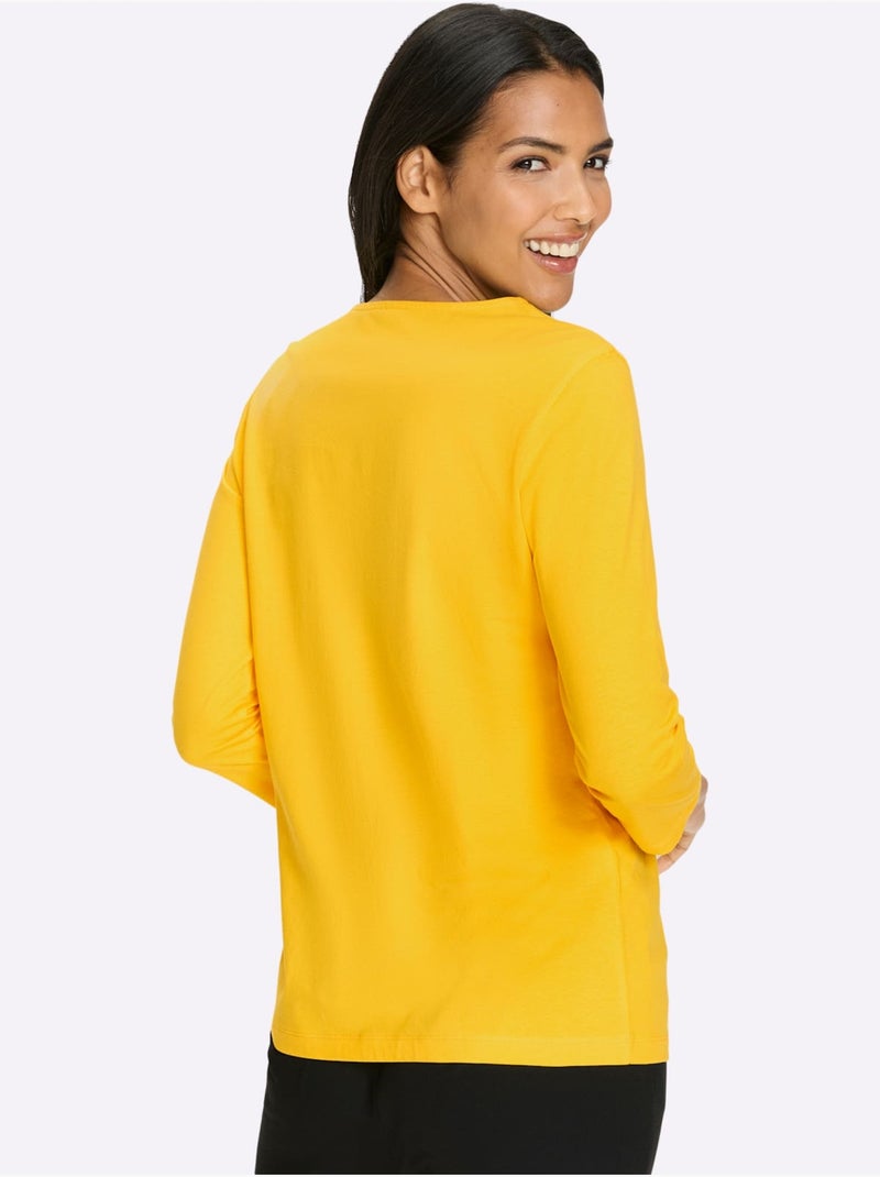 T-shirt à manches 3/4 avec imprimé graphique et rayures - taille standard - moda vilona Jaune - Kiabi