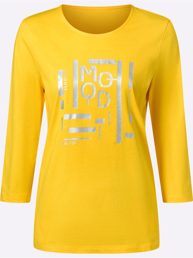 T-shirt à manches 3/4 avec imprimé graphique et rayures - taille standard - moda vilona Jaune - Kiabi