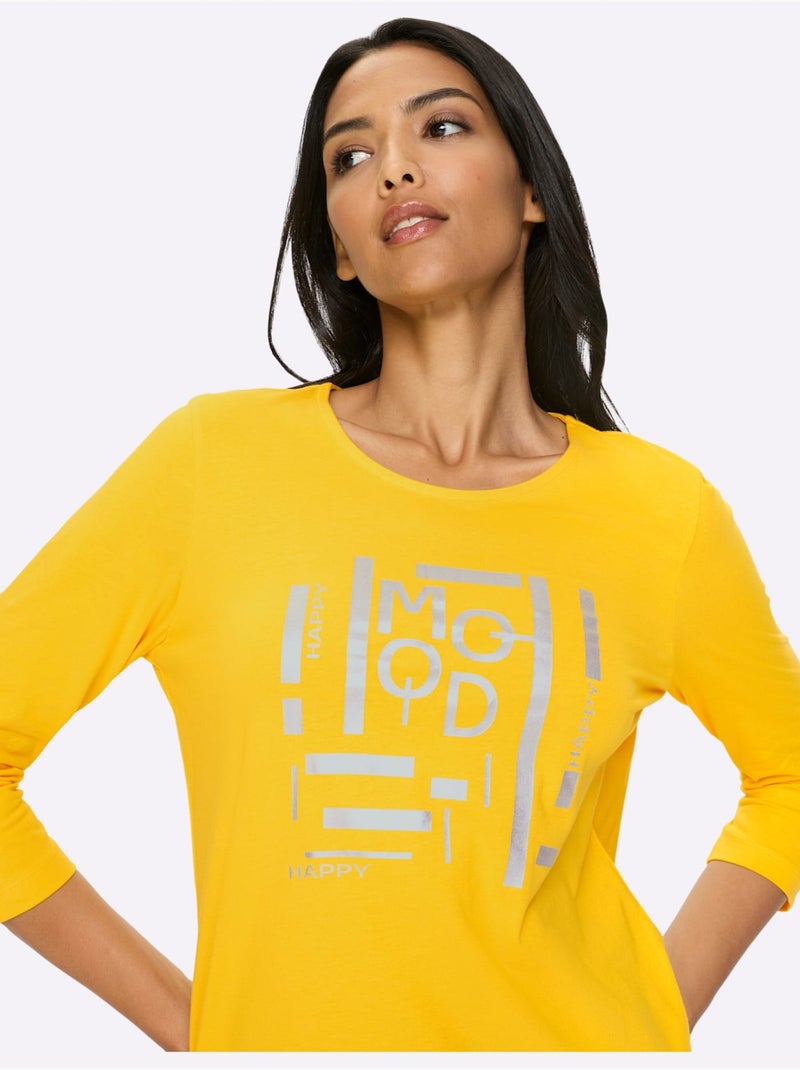 T-shirt à manches 3/4 avec imprimé graphique et rayures - taille standard - moda vilona Jaune - Kiabi
