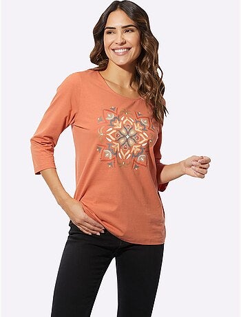 T-shirt à manches 3/4 avec imprimé mandala et encolure ronde - Taille standard - Moda Vilona