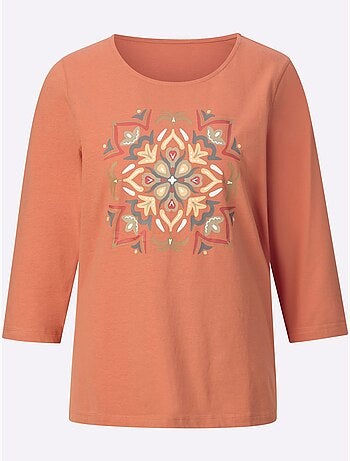 T-shirt à manches 3/4 avec imprimé mandala et encolure ronde - Taille standard - Moda Vilona