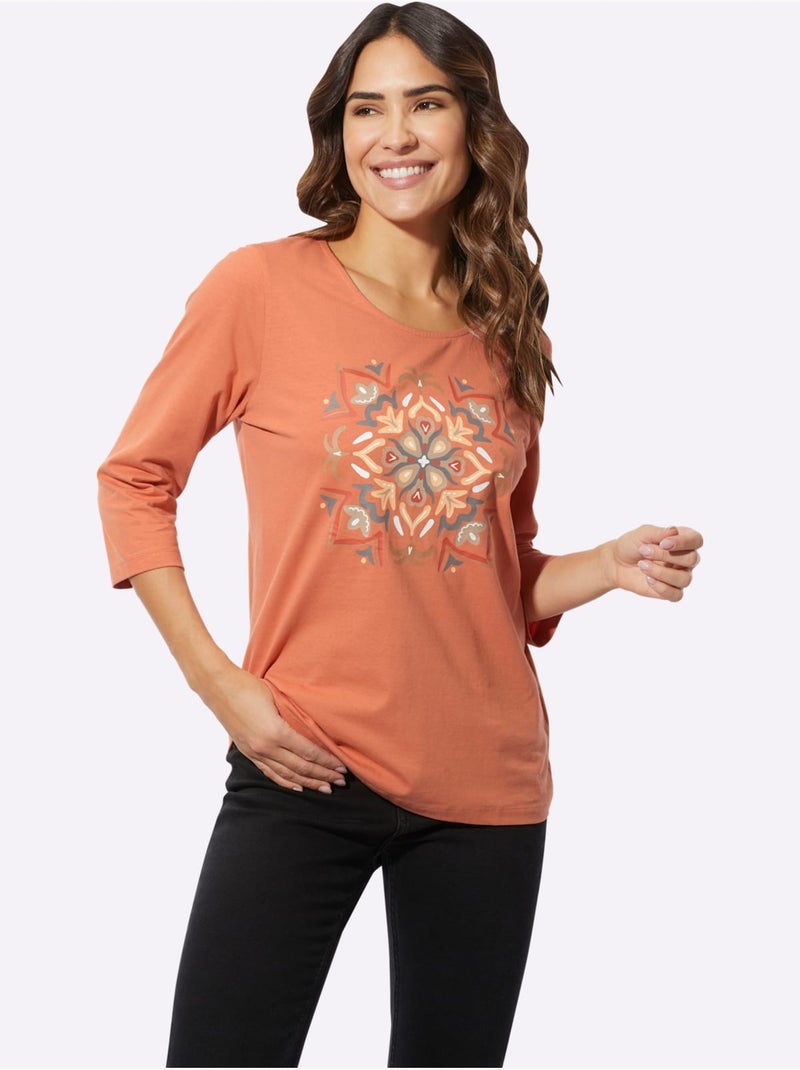 T-shirt à manches 3/4 avec imprimé mandala en coton - Taille standard - Moda Vilona Orange - Kiabi