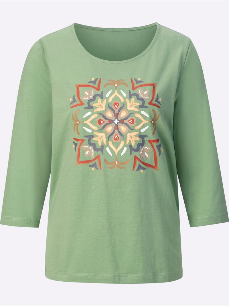 T-shirt à manches 3/4 avec imprimé mandala et encolure ronde - Taille standard - Moda Vilona Blanc Vert - Kiabi
