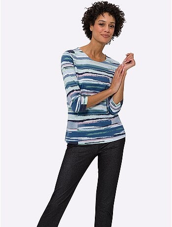 T-shirt à manches 3/4 avec imprimé rayé sur toute la surface - Taille standard - Moda Vilona