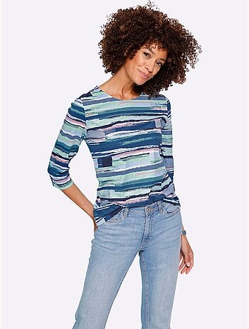 T-shirt à manches 3/4 avec imprimé rayé sur toute la surface - Taille standard - Moda Vilona