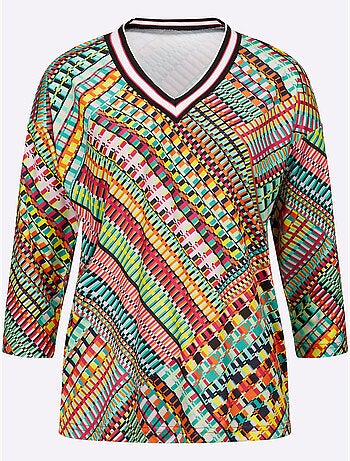 T-shirt à manches 3/4 avec imprimés graphiques et col V - Taille standard - Moda Vilona