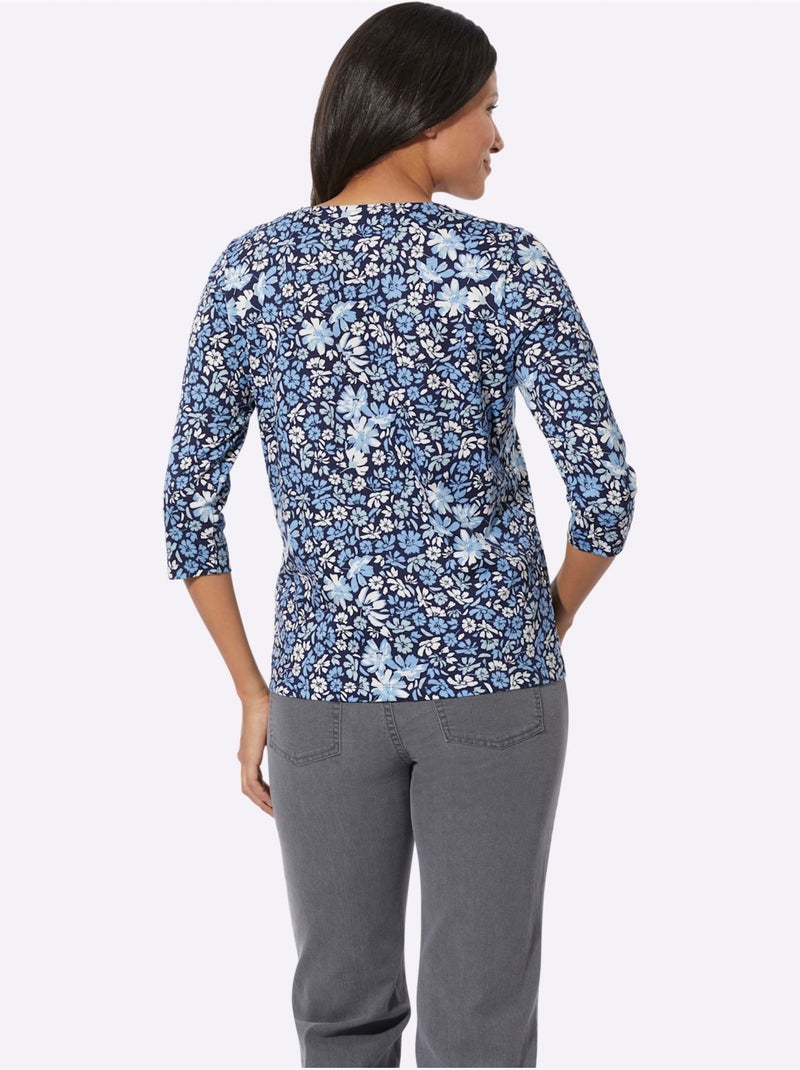 T-shirt à manches 3/4 avec joli motif floral et encolure ronde - taille standard - moda vilona Bleu marine - Kiabi