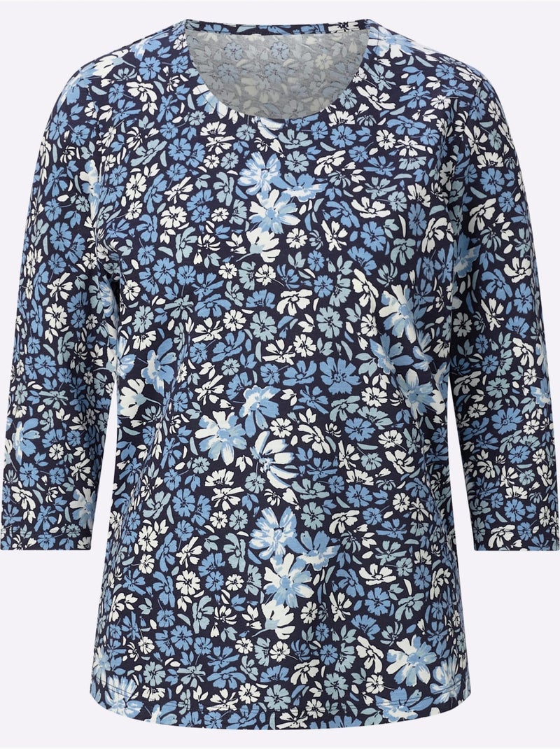 T-shirt à manches 3/4 avec joli motif floral et encolure ronde - taille standard - moda vilona Bleu marine - Kiabi