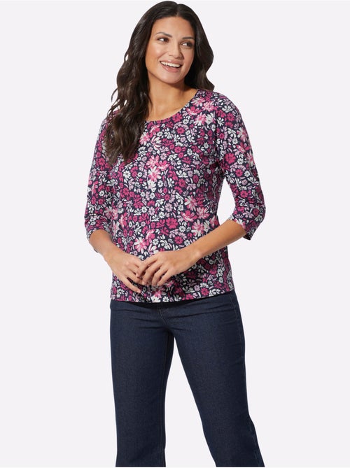 T-shirt à manches 3/4 avec joli motif floral et encolure ronde - taille standard - moda vilona - Kiabi T-shirt à manches 3/4 avec joli motif floral et encolure ronde - taille standard - moda vilona - Kiabi