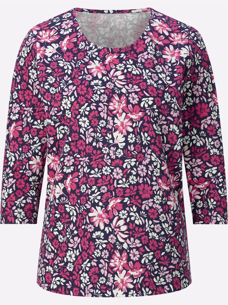 T-shirt à manches 3/4 avec joli motif floral et encolure ronde - taille standard - moda vilona Marine/Multicolore - Kiabi