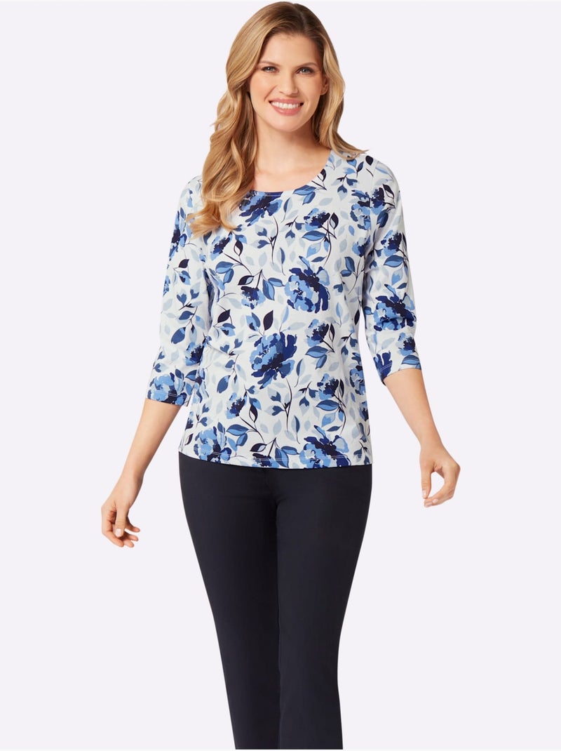 T-shirt à manches 3/4 avec motif floral et encolure ronde - Taille standard - Moda Vilona Blanc Bleu marine - Kiabi